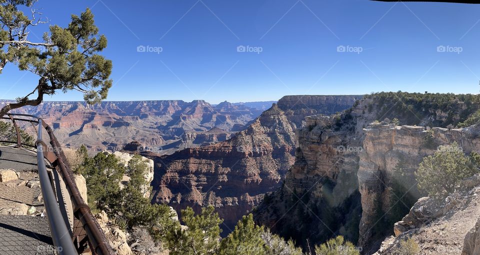 Beautiful bold Grand Canyon South rim with its rocky terrain, wild green plant life and blue skies.  A natural wonder in Arizona, a mesmerizing landscape 
