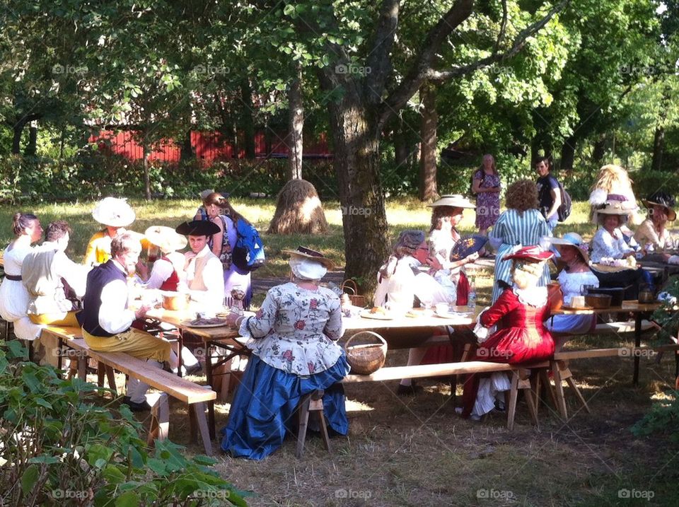 Skansen open space museum, lunch in the country with old dresses