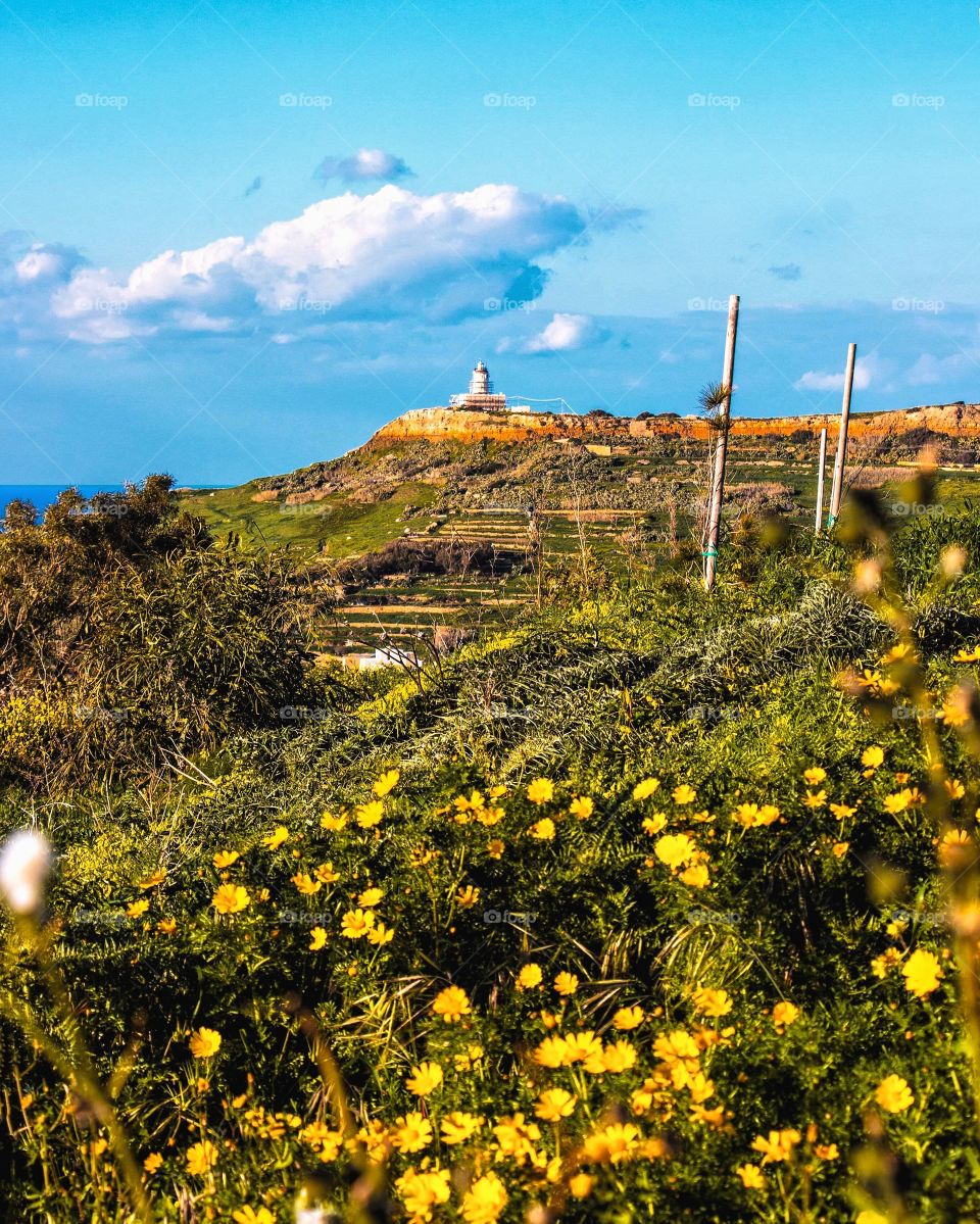 Ta Gordan Lighthouse and the surrounding fields in the island of Gozo, Malta’s sister island.