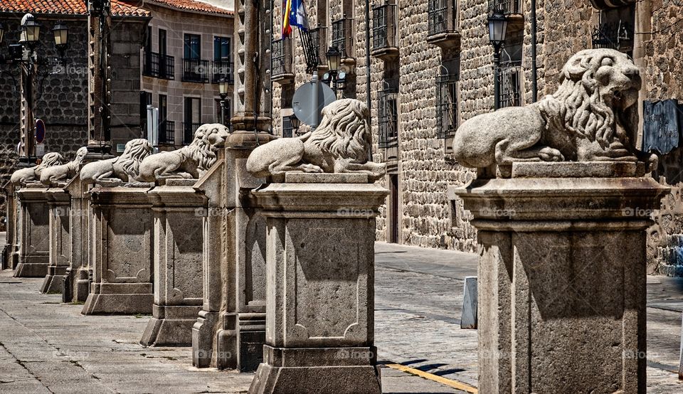 Old stone statues of lions in line at Avila downtown 