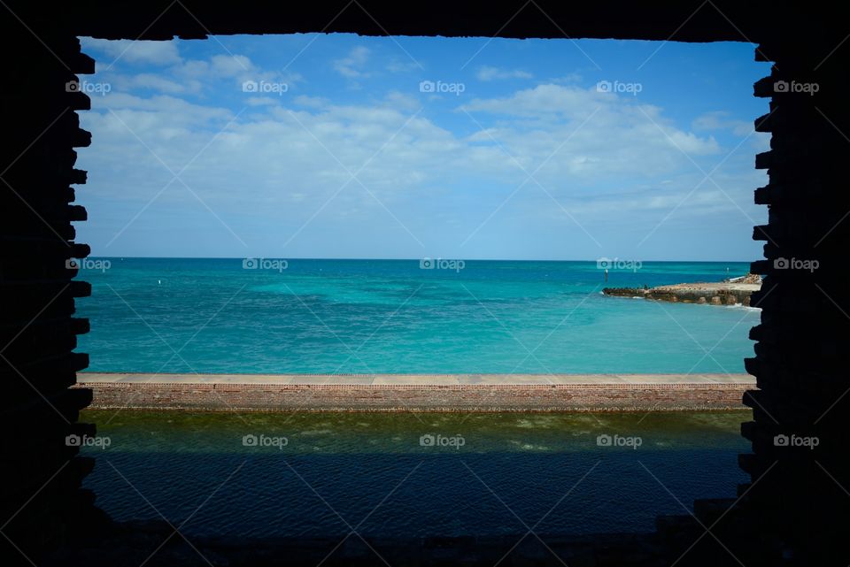 View of island from window frame