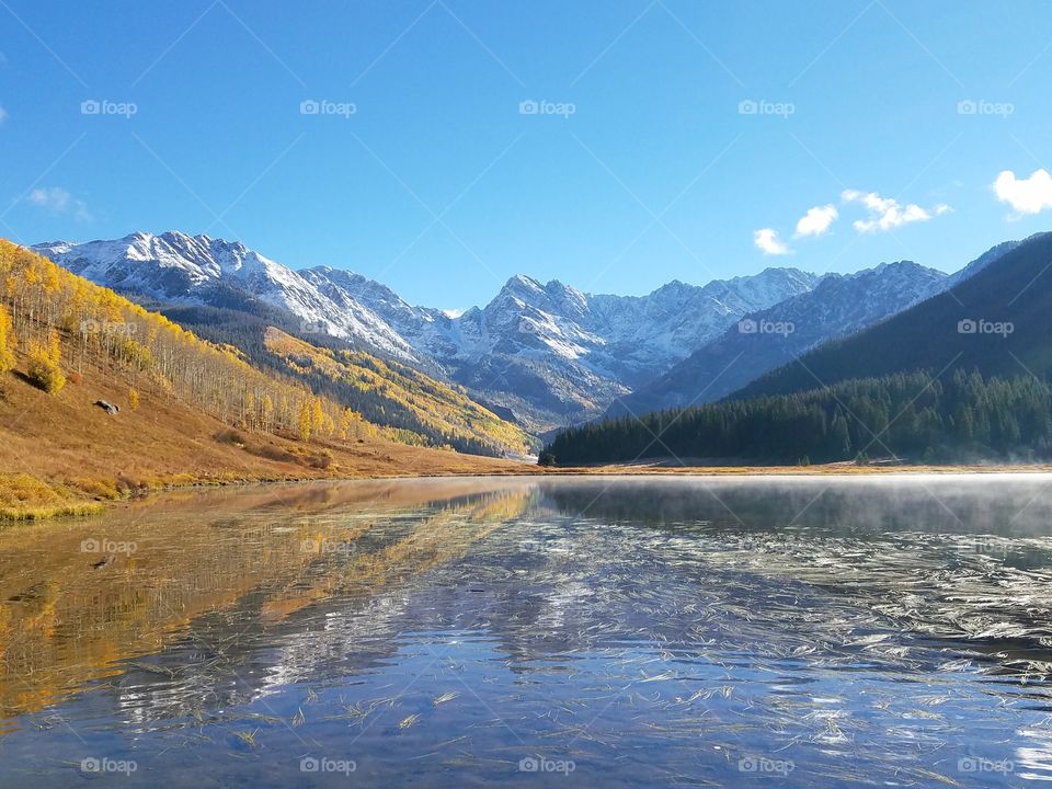 Trees and mountain reflected into water