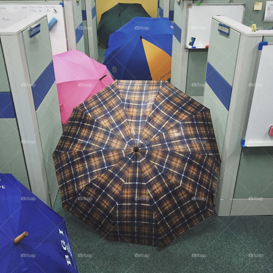 Umbrella Street in the Office. Rainy season, people came to work with umbrella. 