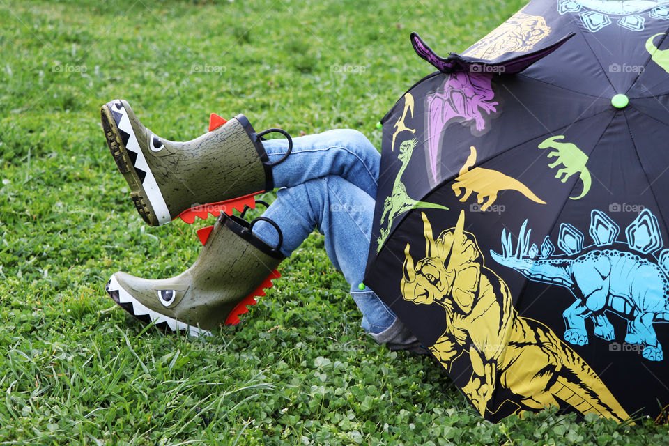 dinosaur rain boots and umbrella