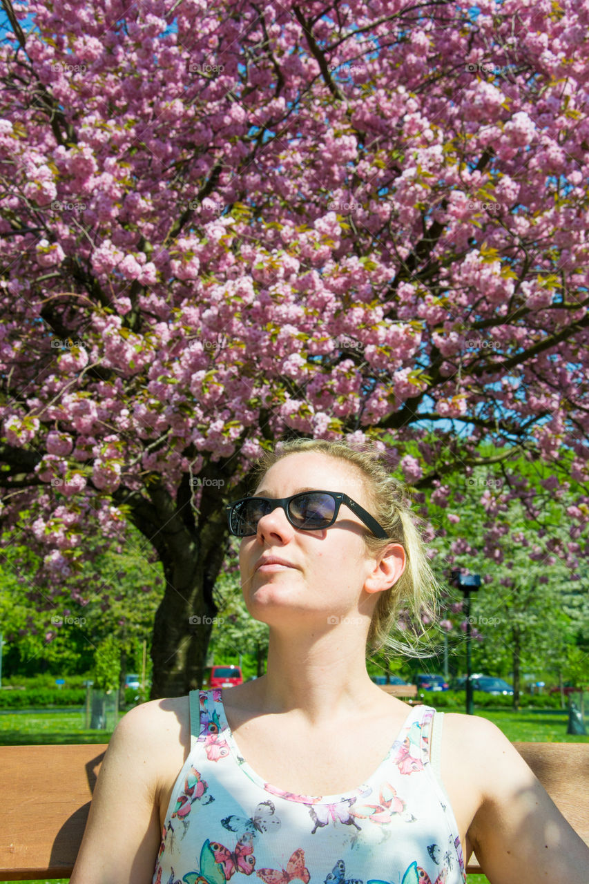 Woman relaxing in the sun infront of cherrry blossom in Malmö Sweden.