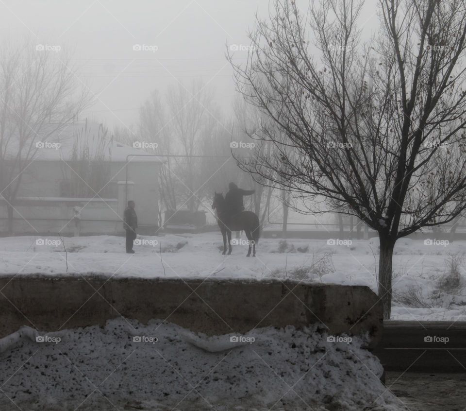 a man on a horse in the fog shows another person the way