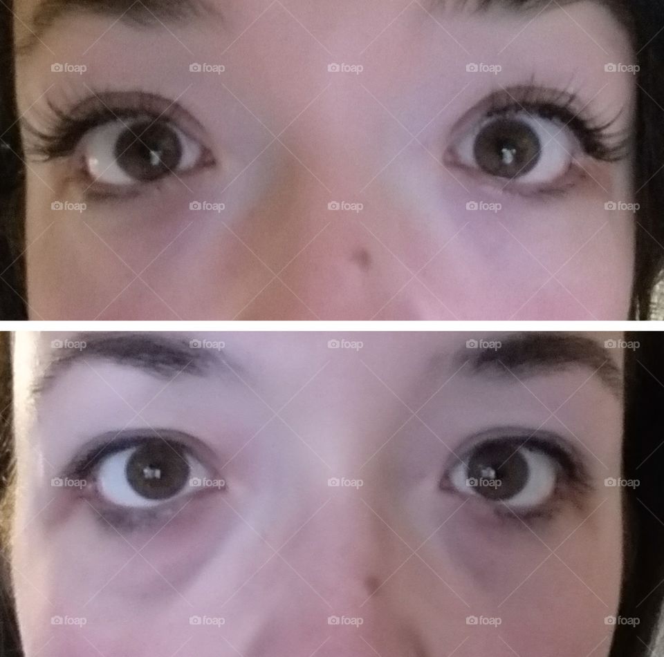 eyes, with individual false lashes (top) and only natural lashes below