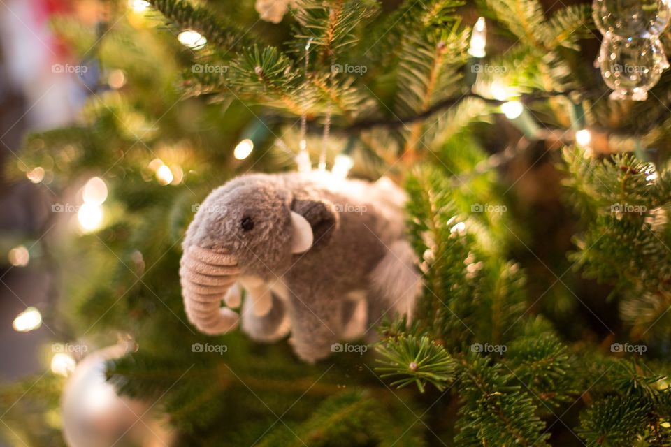Close-up of hanging elephant on christmas tree