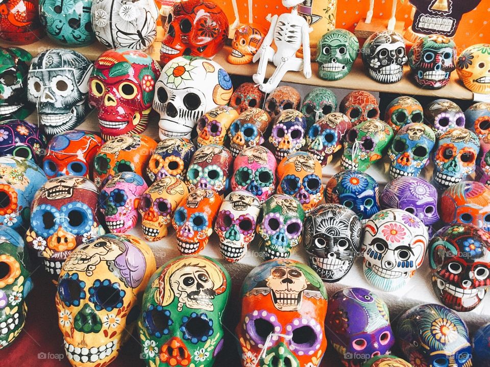An array of Mexican sugar skulls from the Day of the Dead festival.
