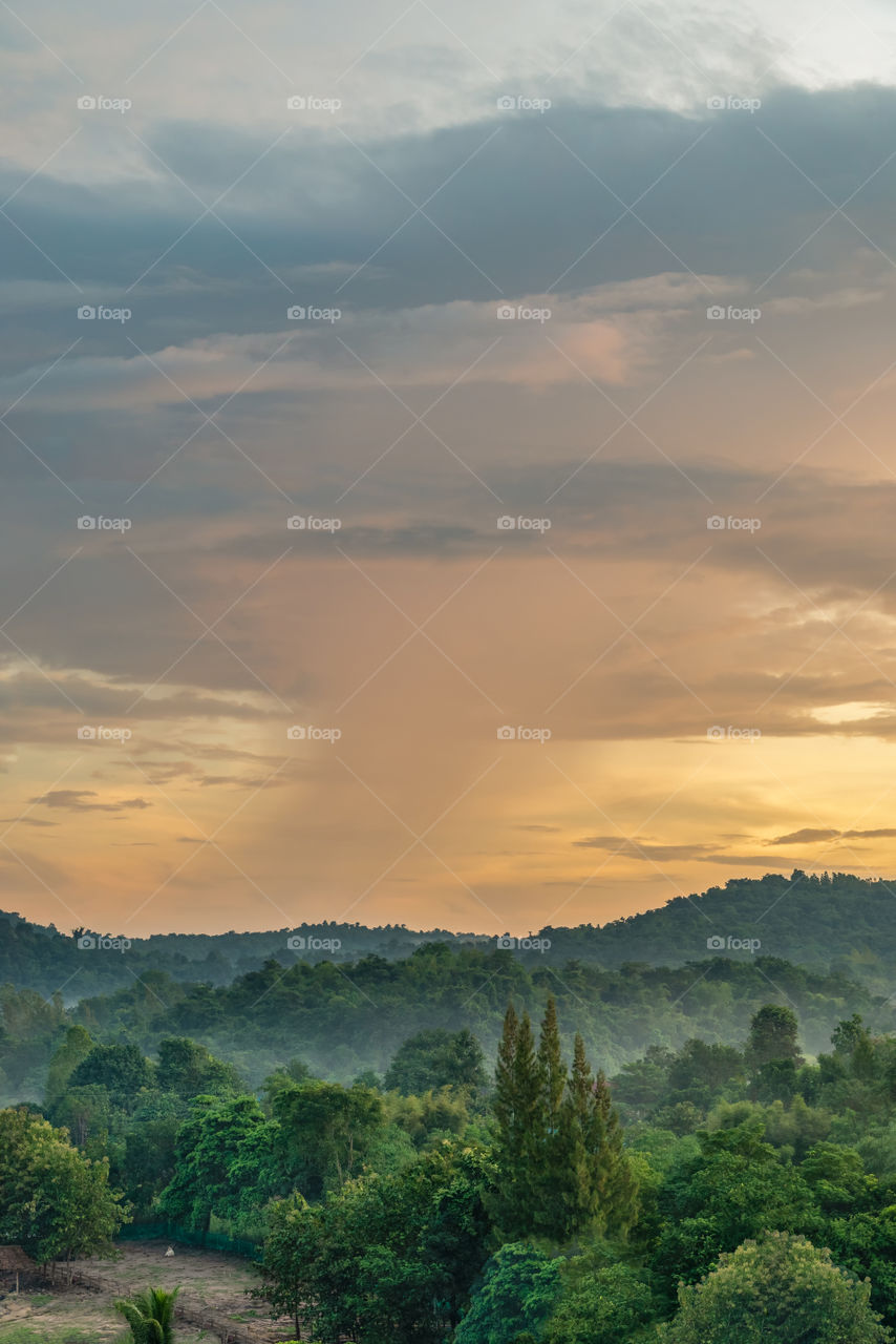 Beautiful raining scene above mountain scape in Thailand