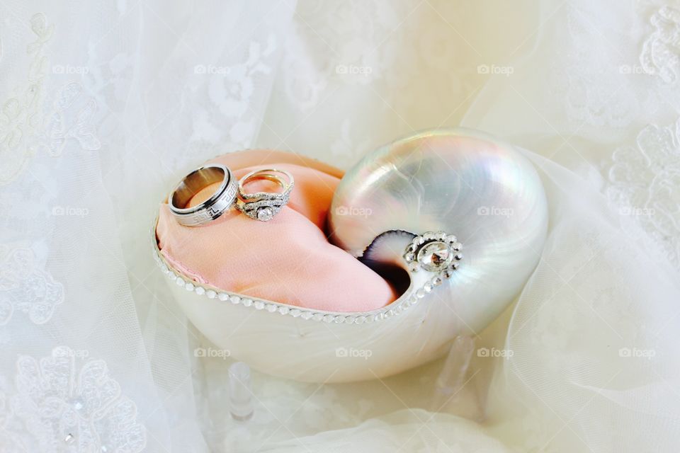 These are our gorgeous wedding rings on a shell ring holder