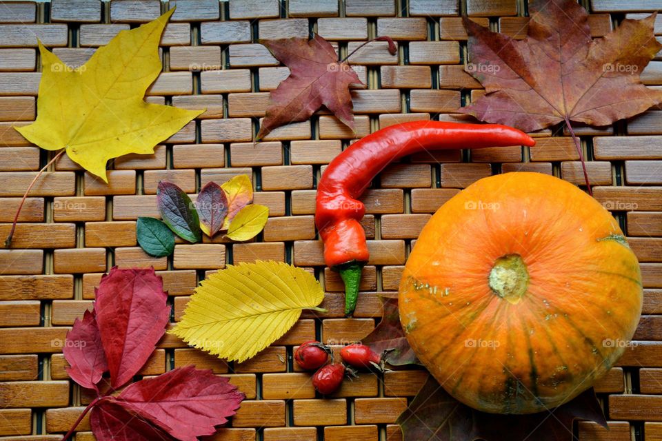 colour autumn leaves and pumpkin beautiful texture top view, love autumn time