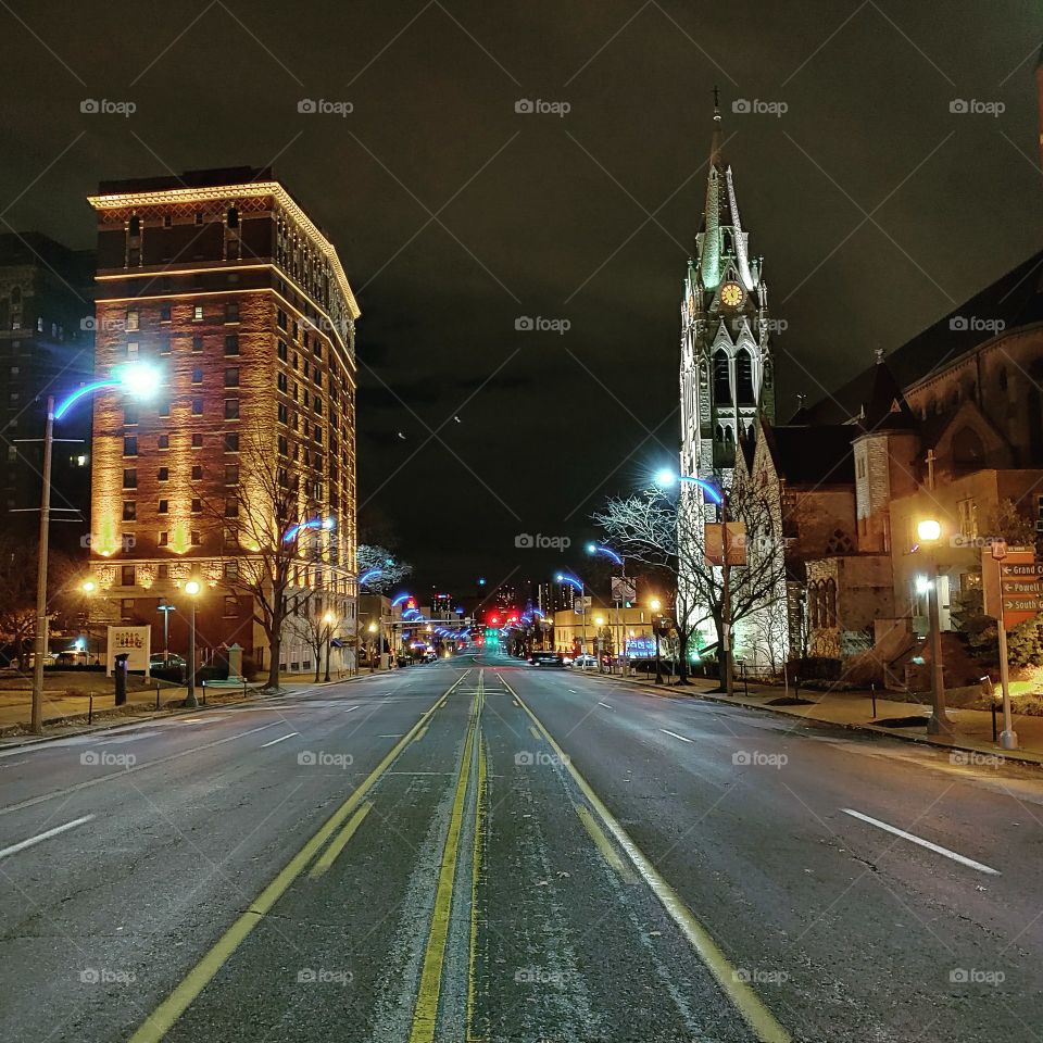 Empty street late at night in St. Louis Missouri