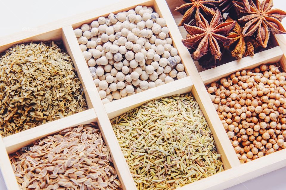 Different herb and spices in a box container 