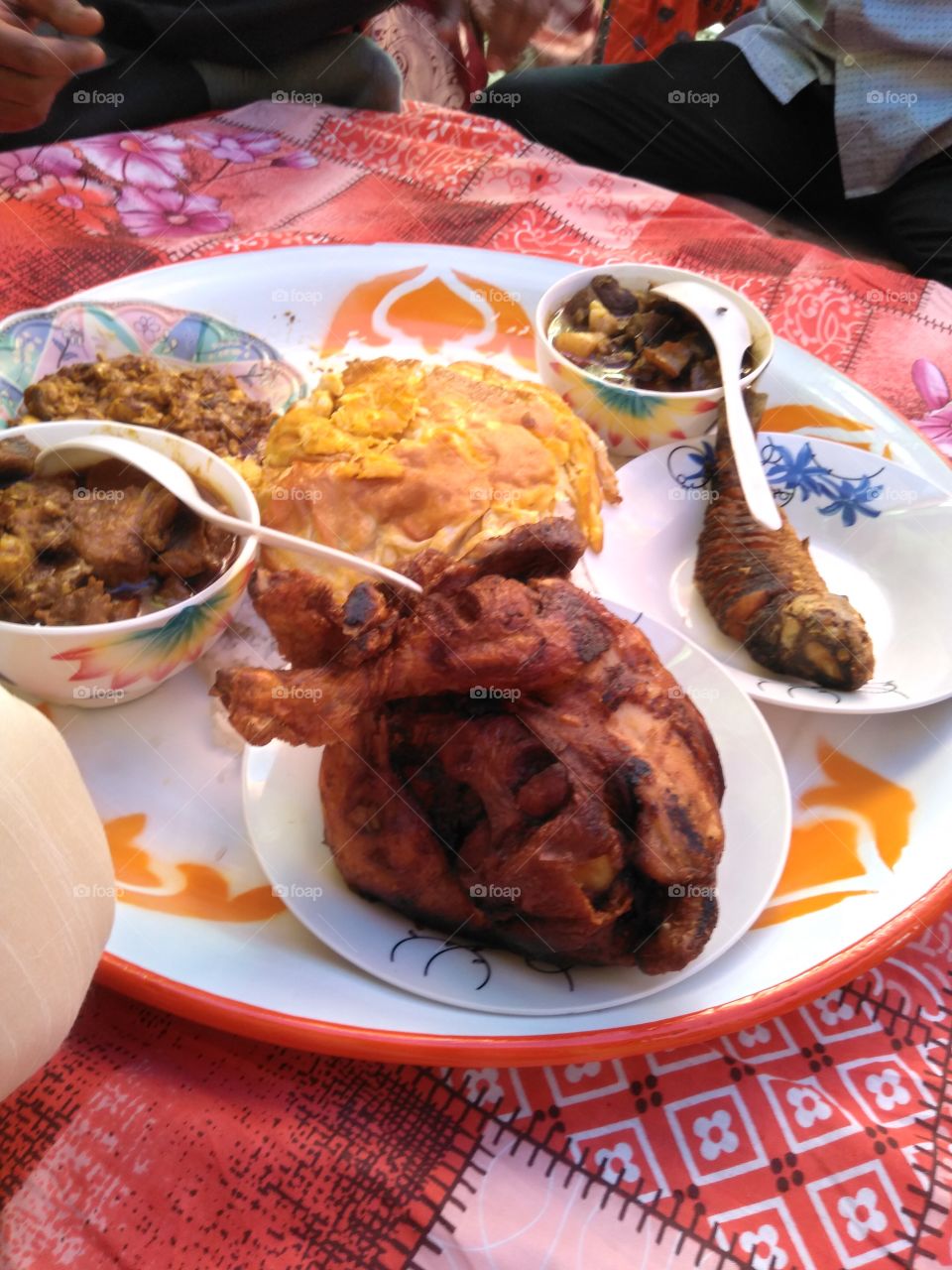 dinner time eating chicken with fish