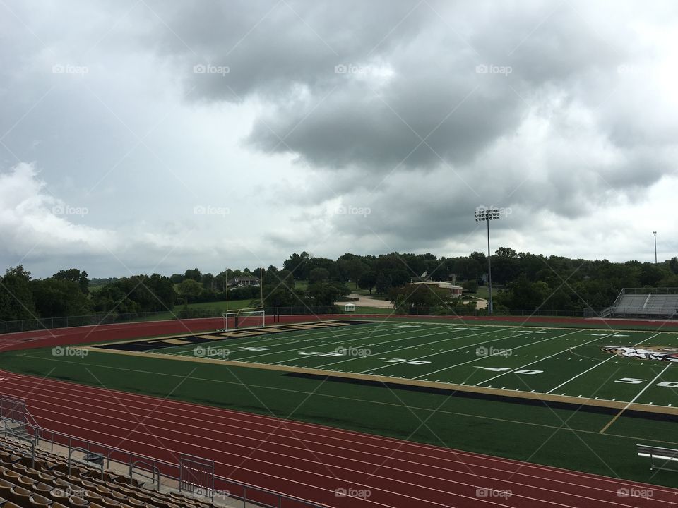 Football field on a rainy day
