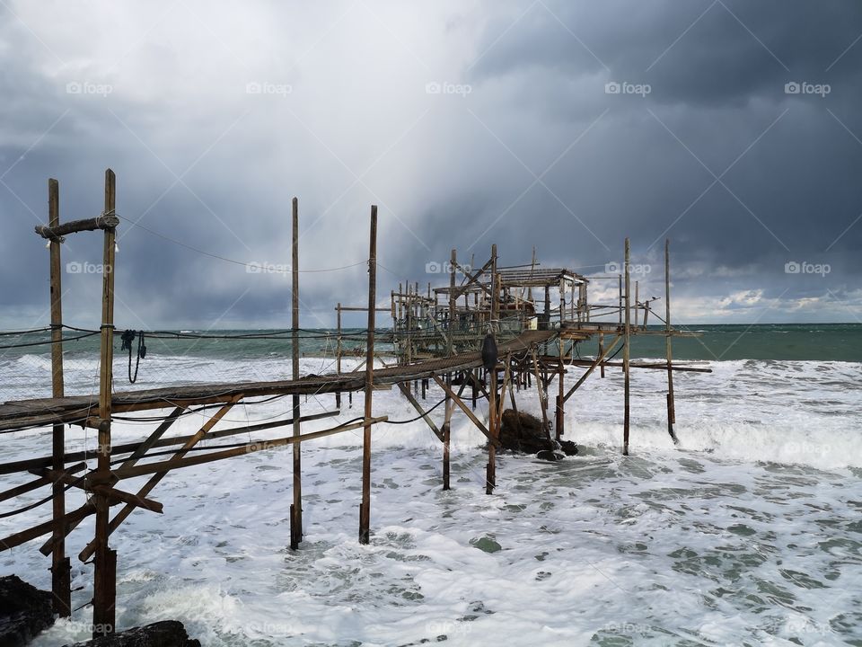 Abruzzo (Italy), costa dei trabocchi, trabocco, stilt house, sea, ocean, winter, sea in winter, coast, winter, cold, coast in winter.