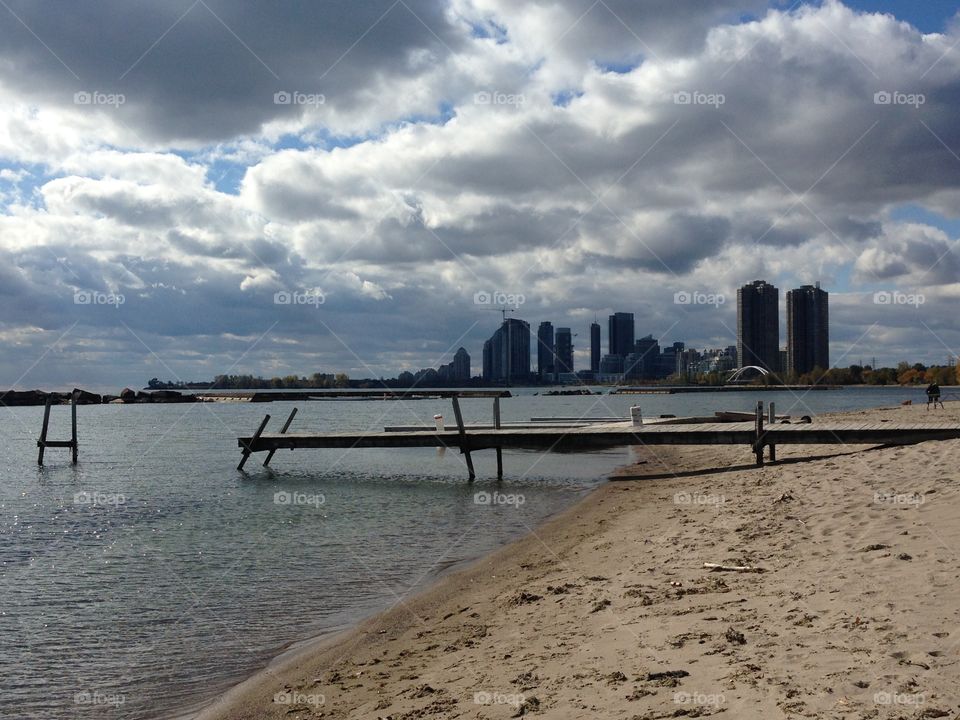 Skyline view of Toronto boardwalk along the Lakeshore. Beaches in the fall 