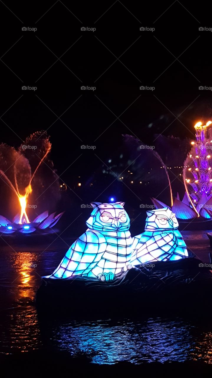 Bright blue owls look out over the waters of Discovery River during Rivers of Light at Animal Kingdom at the Walt Disney World Resort in Orlando, Florida.