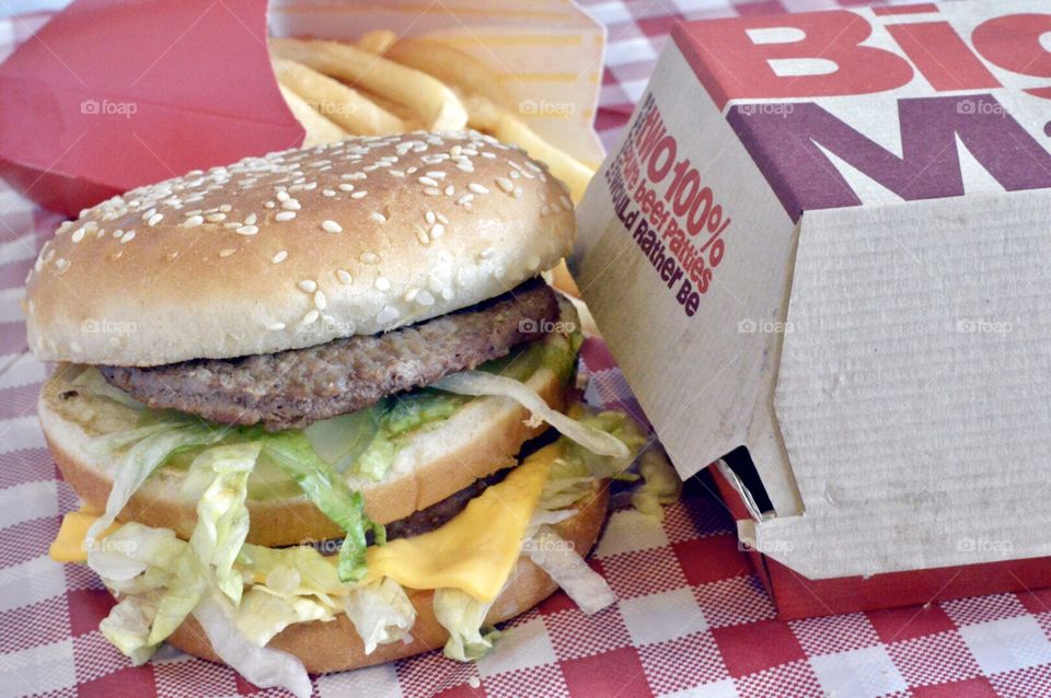 McDonald’s Big Mac, fries and drink on a red a white checkered background 