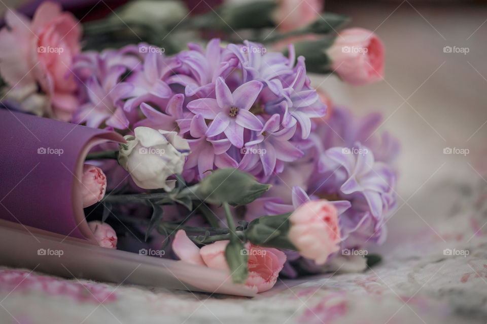 Spring bouquet in pink and purple colors 