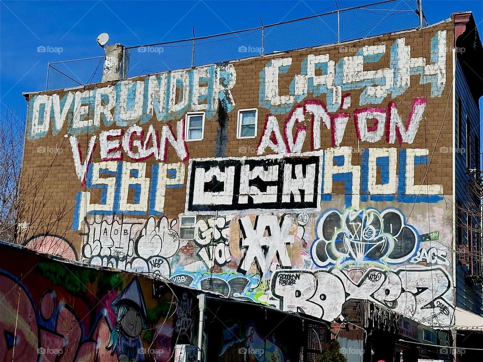 This „Bushwick“, Brooklyn brownstone on „Broadway“ is covered all over with graffiti art, tags and inscriptions that seem to spell out some kind of cryptic underlying message. 2024. Hypnotic Productions