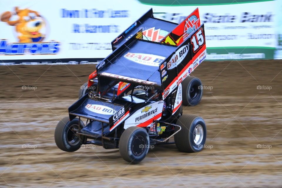 Donny Schatz Outlaw Sprint Car Dirt Track raving with competitor 