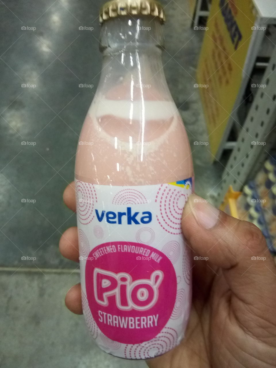 Verka strawberry flavored milk. Sweetened flavored milk