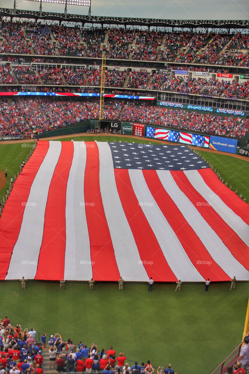 Born in the USA. Giant USA flag at globe life park in Arlington Texas 