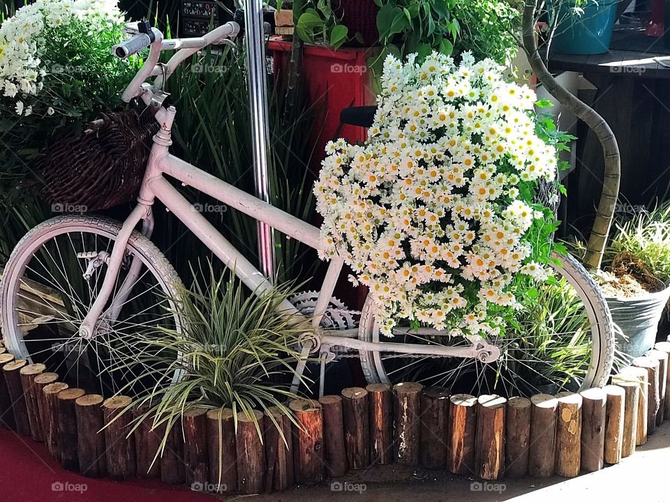 Ornate bicycle with mini daisies in wicker basket