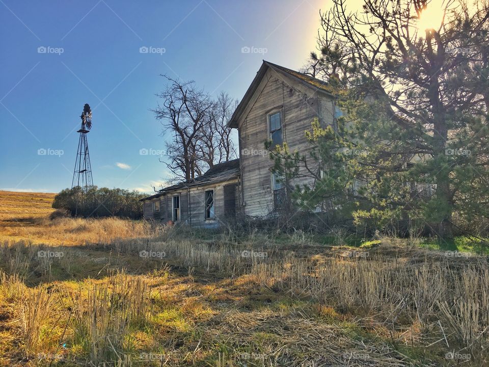 Old Abandoned Farm House with Windmill 