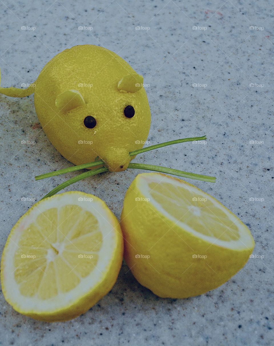 
Fruity fruit - Handmade Lemon mouse. A lemon has an intense bright yellow color when it is totaly ripe, giving off a special aroma when it is cut. The pulp is pale yellow, juicy and acid, divided in gores.