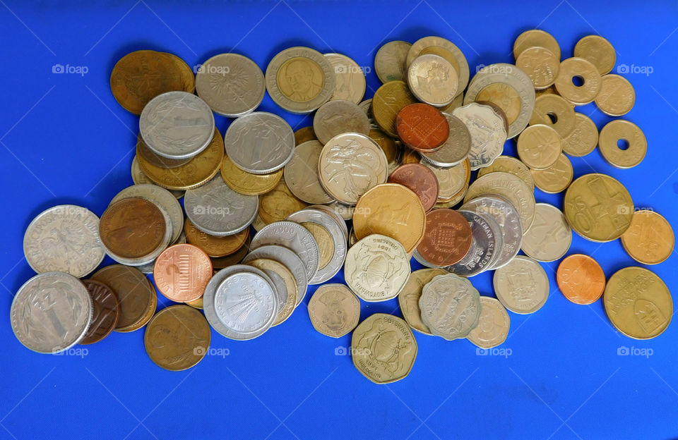 High angle view of old coins