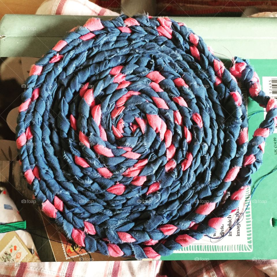 Blue and pink rag rug spiral/craft time, hobby time 