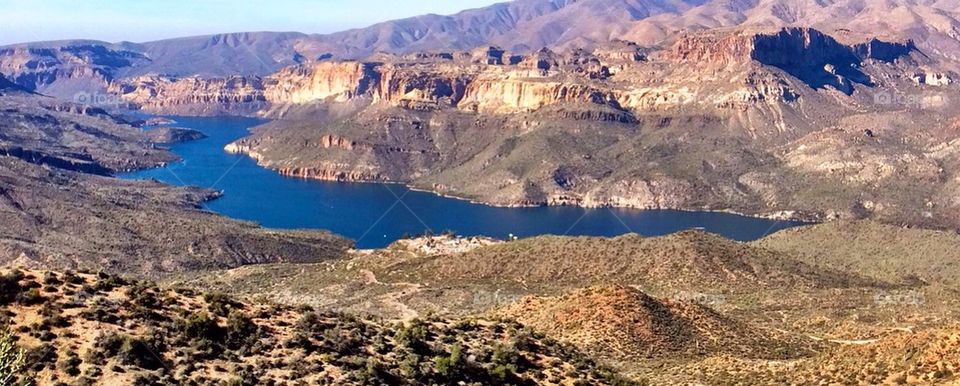 View from Reavis Ranch trailhead down to Canyon Lake. Superstition