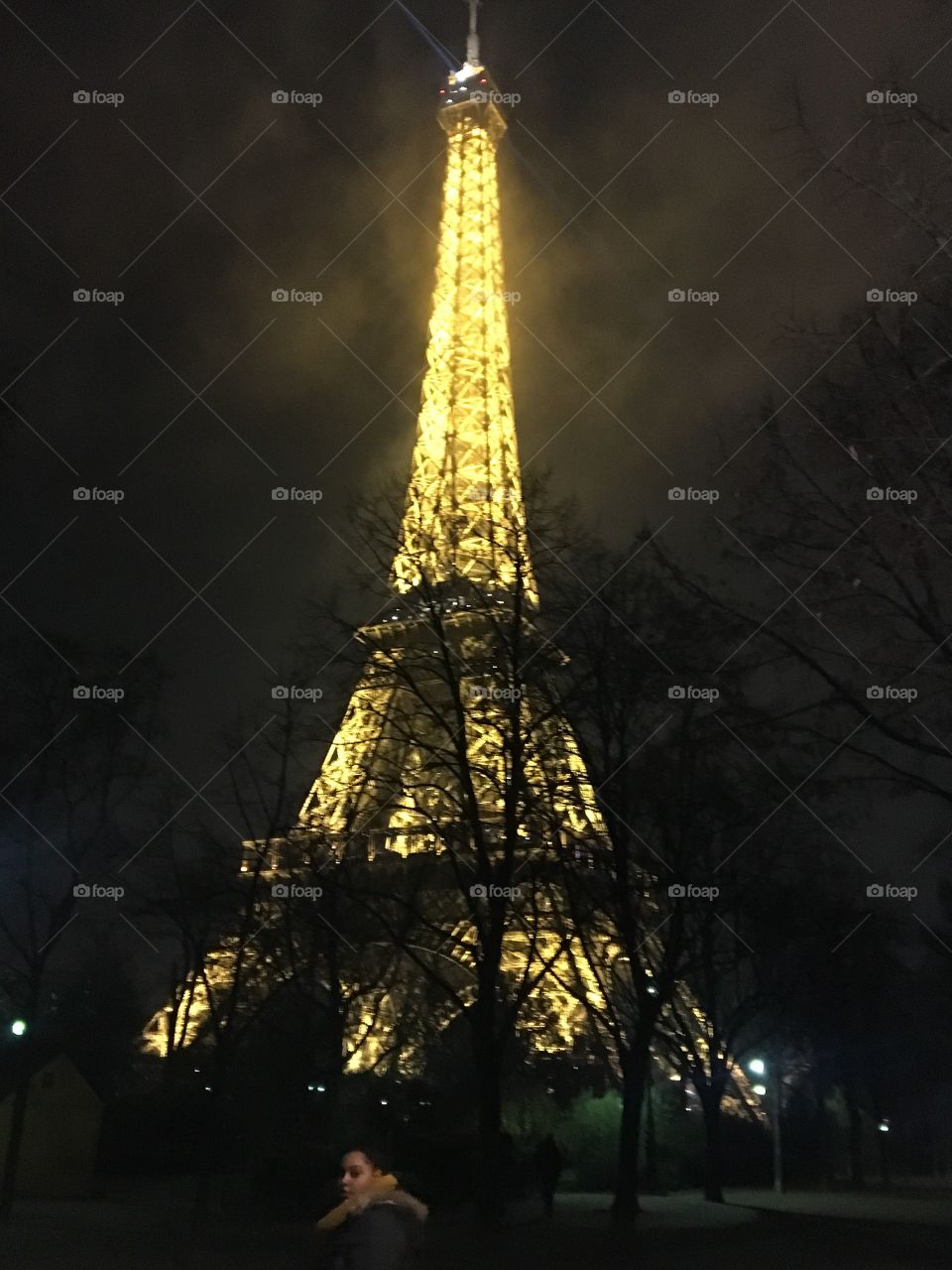 Eiffel Tower in the foggy night