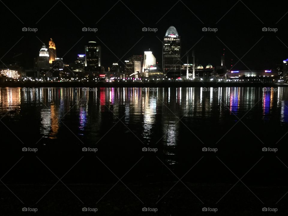 Cincinnati Skyline. Downtown Cincinnati at night, as seen by the river. 