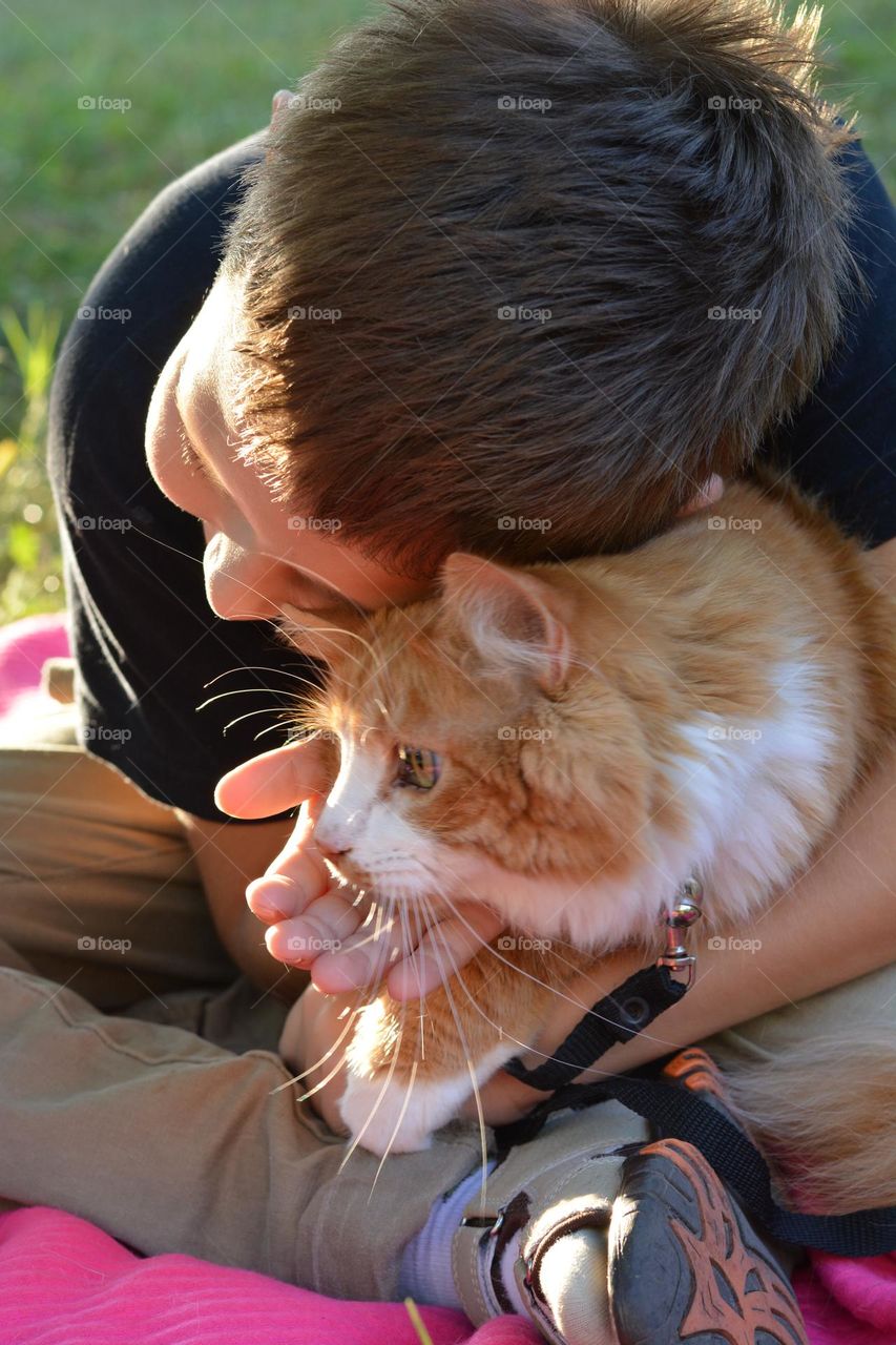 child and cat outdoor, happiness