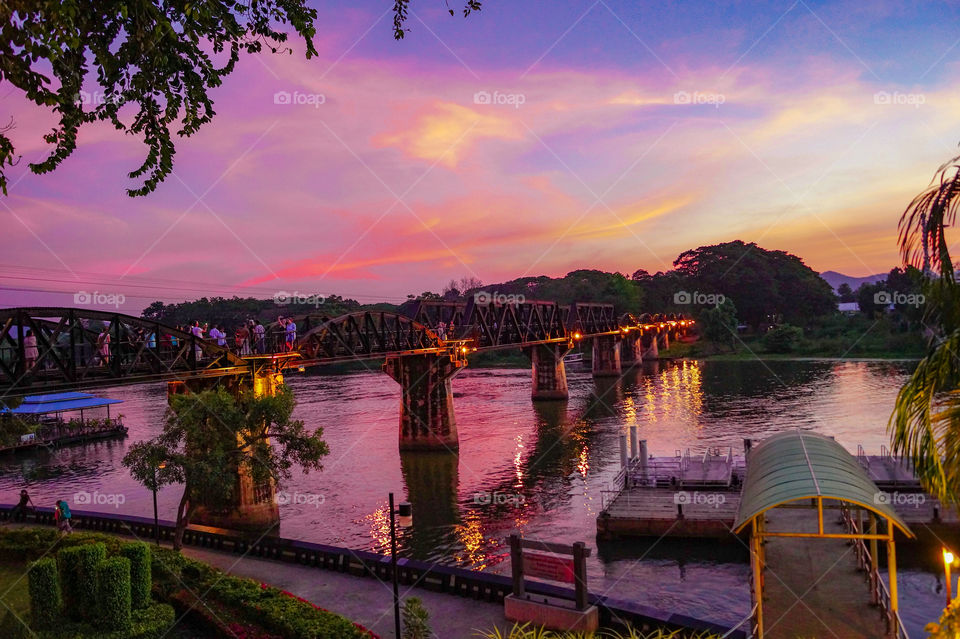 Beautiful sunset at the River Kwai in Kanchanaburi, Thailand.