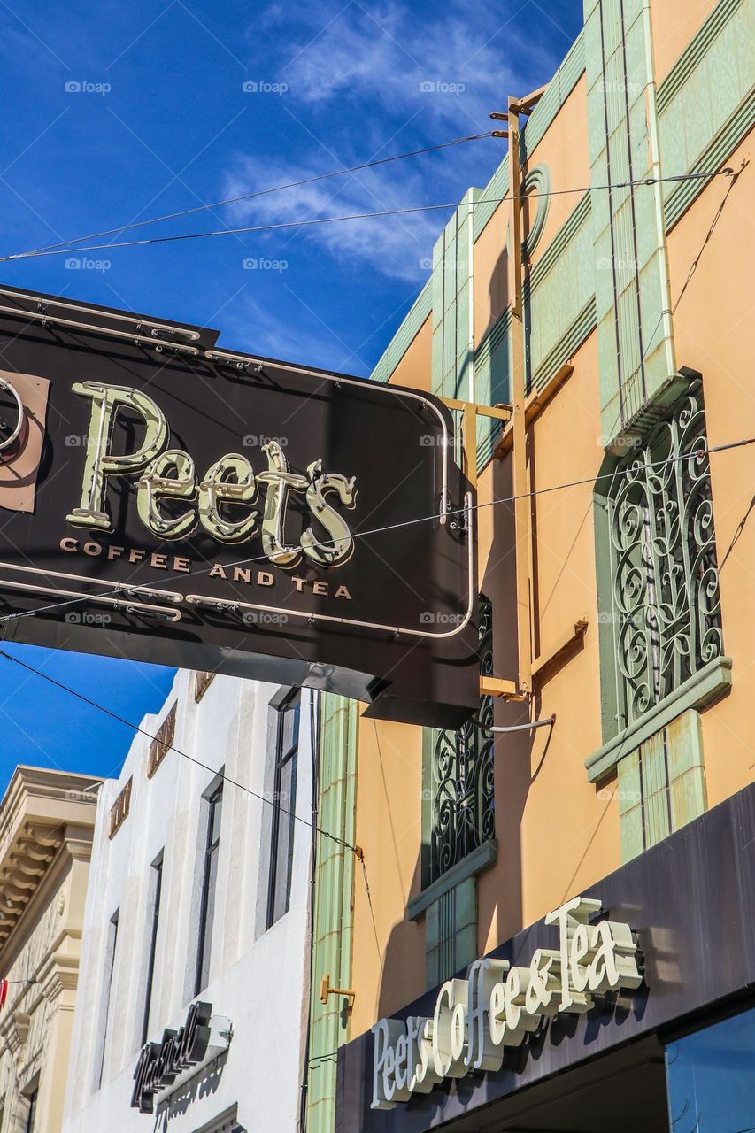 Peet’s coffee sign outside their coffee shop in the marina district in San Francisco 