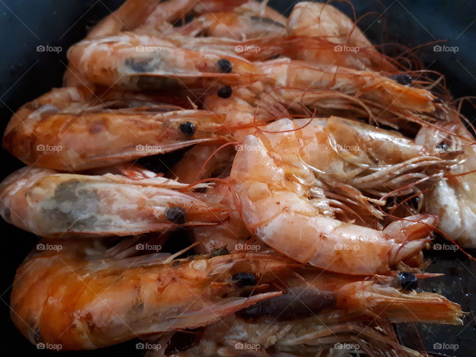 Delicious seafood,steamed prawn close up