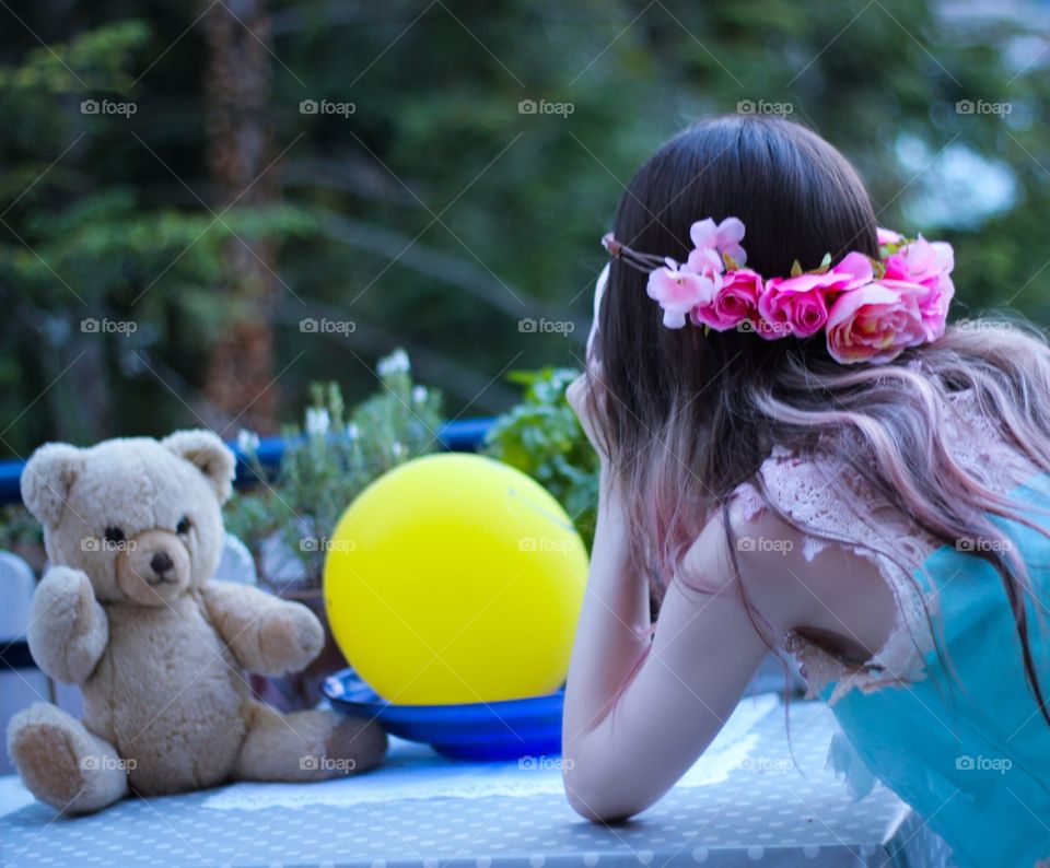 girl summer teddy flowers
