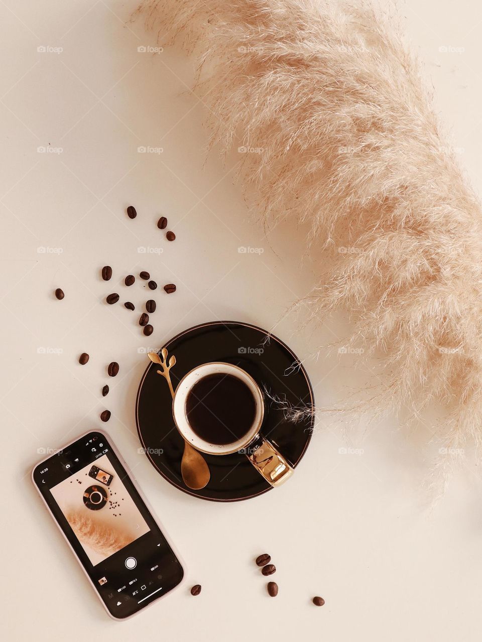 Coffee breakfast with phone