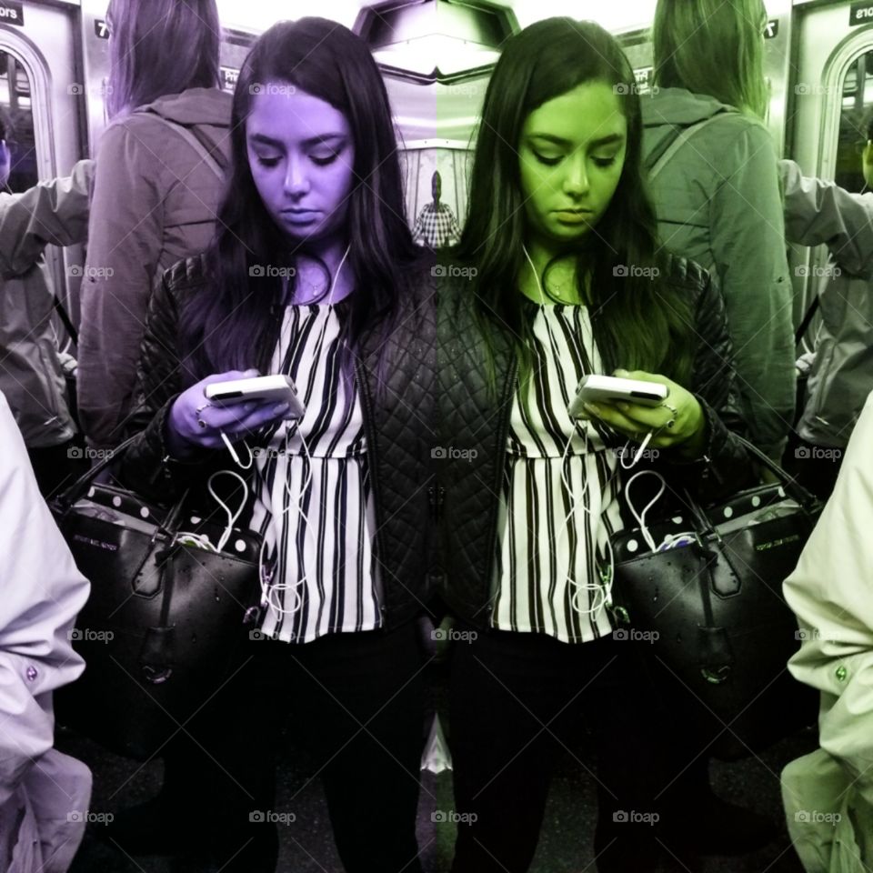 Girl Riding Subway in NYC Looking at her Phone. Photo Collage.