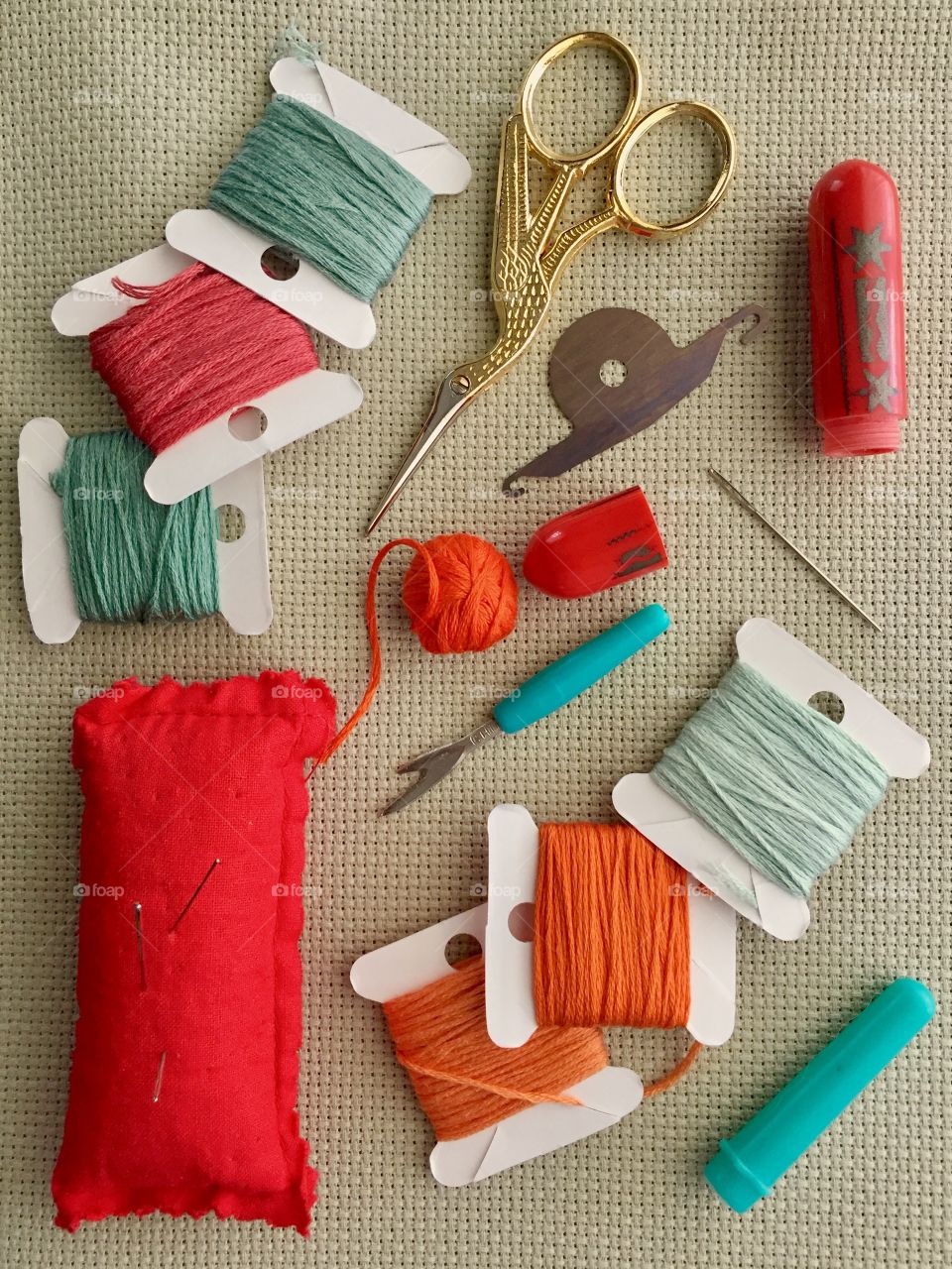 Sewing equipment on table