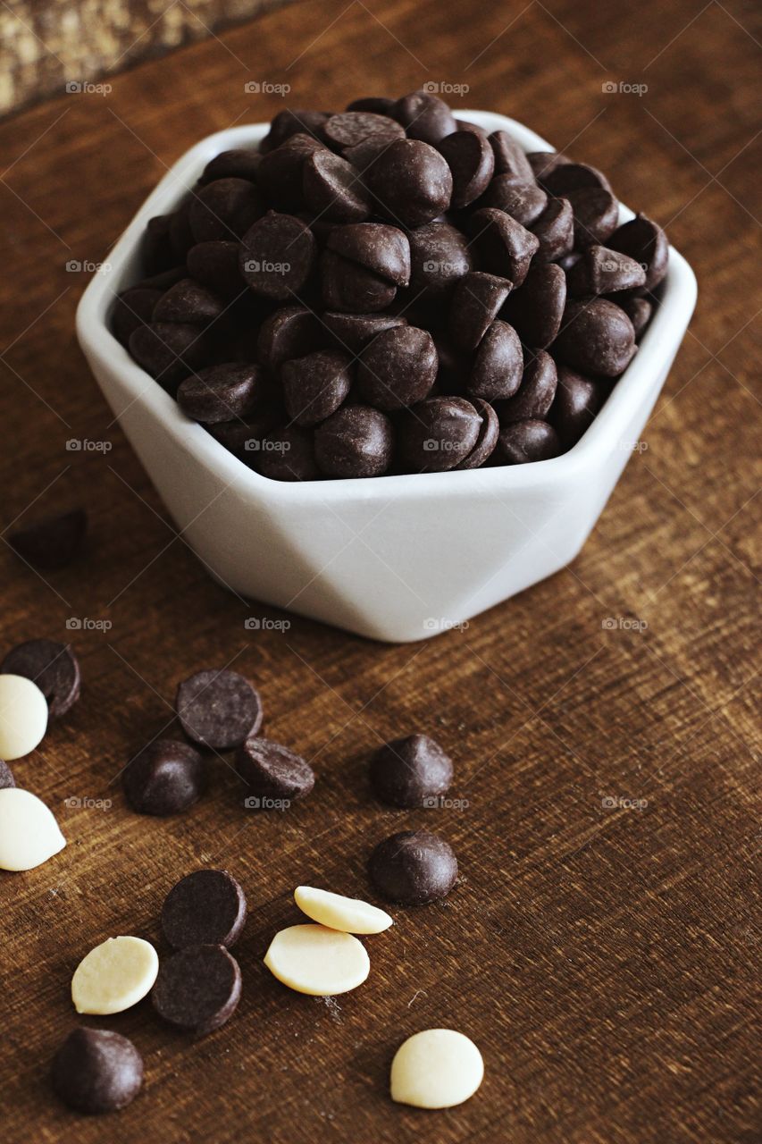 A bowl of dark chocolate chips 