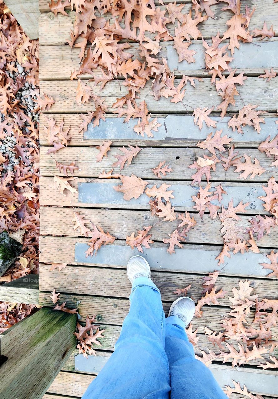 pair of legs wearing jeans and shoes walking across a bridge of crispy brown Fall leaves in Oregon