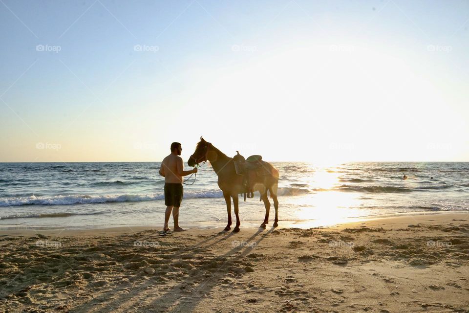 Man and horse on the beach 