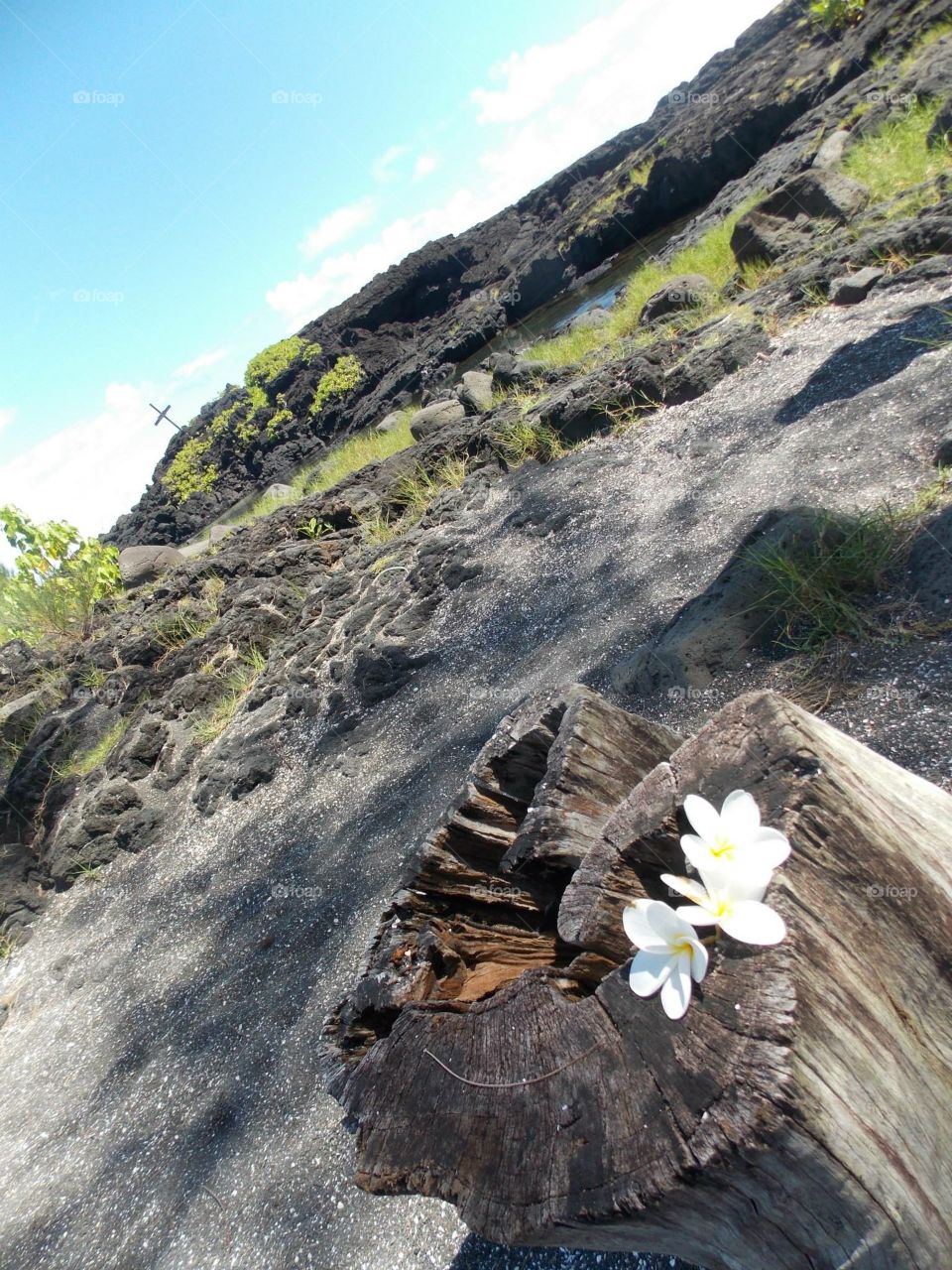 Scenic view of a memory cross at a volcanic beach in Hawaii 