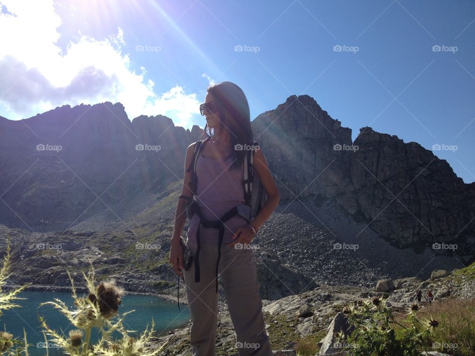 Bright in a Woman . Woman is standing in high mountain,Dolomiti,Italy